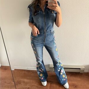 Driftwood x Free People Embroidered Short Sleeve Denim Jumpsuit Coveralls BOHO L